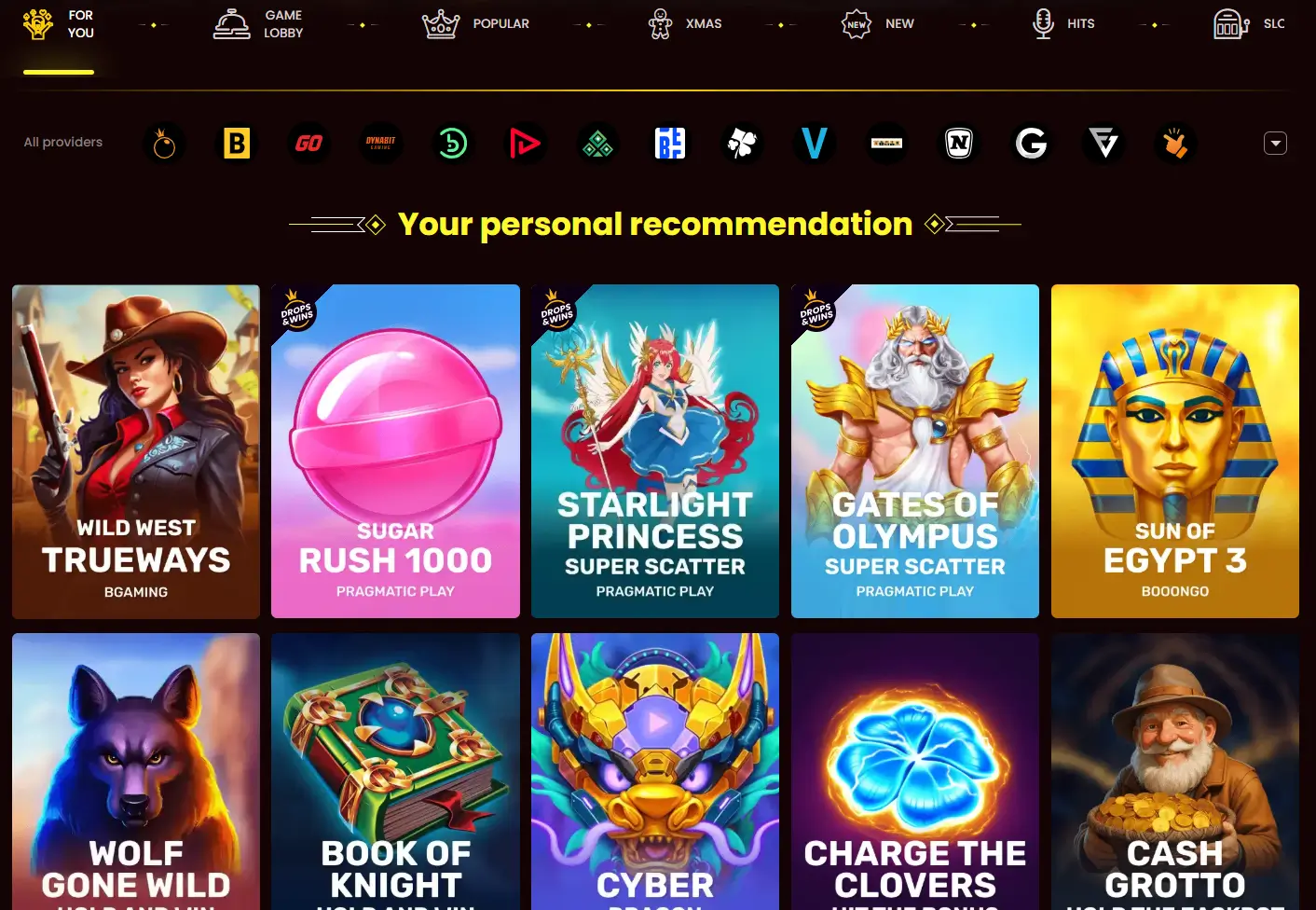 DragonSlots game selection displaying recommended popular slots for players