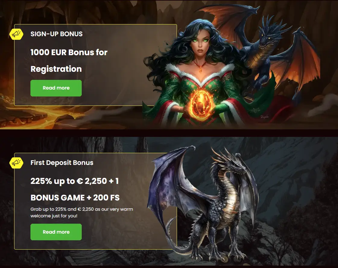 DragonSlots promotional banners featuring bonuses with powerful fantasy dragons